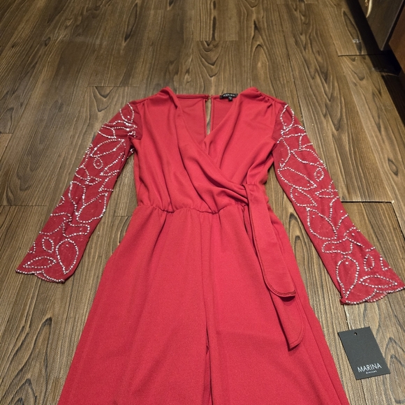 Marina Red Surplice V-Neck Long Beaded Sleeve Scuba Crepe Jumpsuit Evening 4 New - Picture 11 of 11